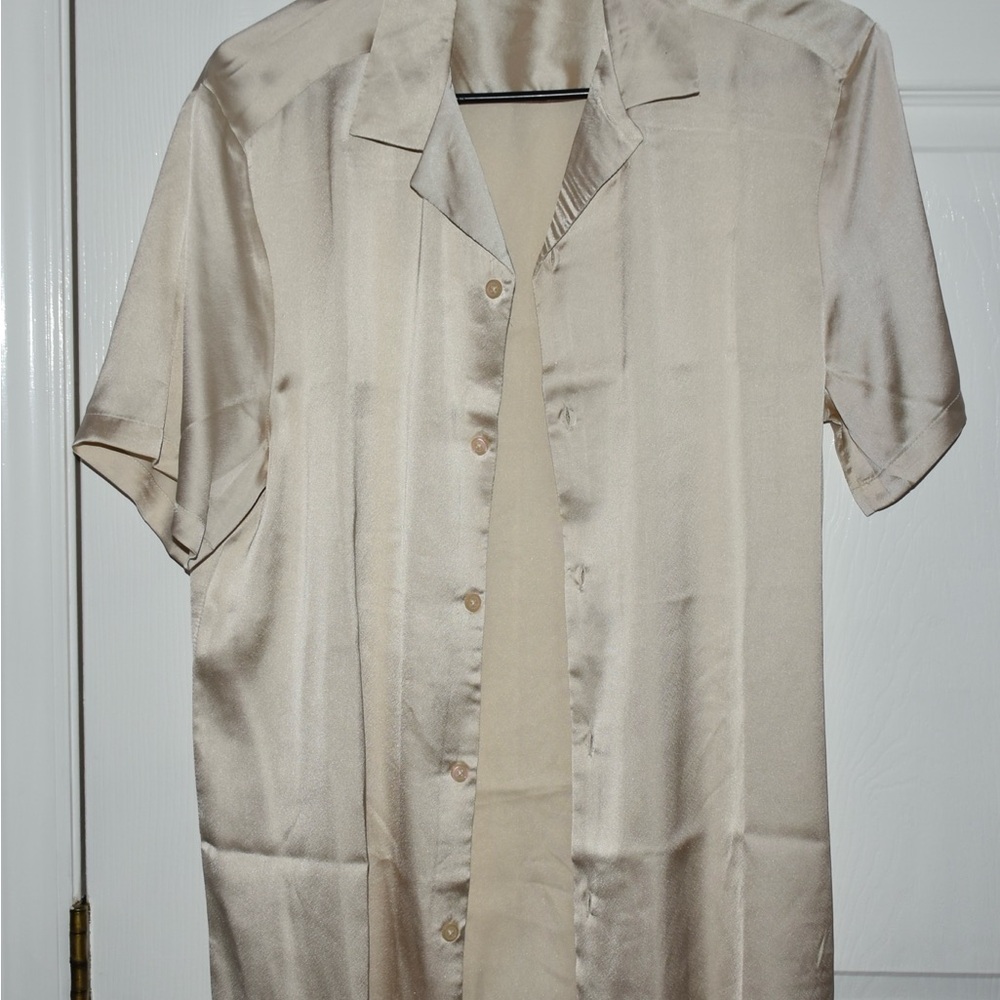 ASOS DESIGN satin shirt with revere collar in stone